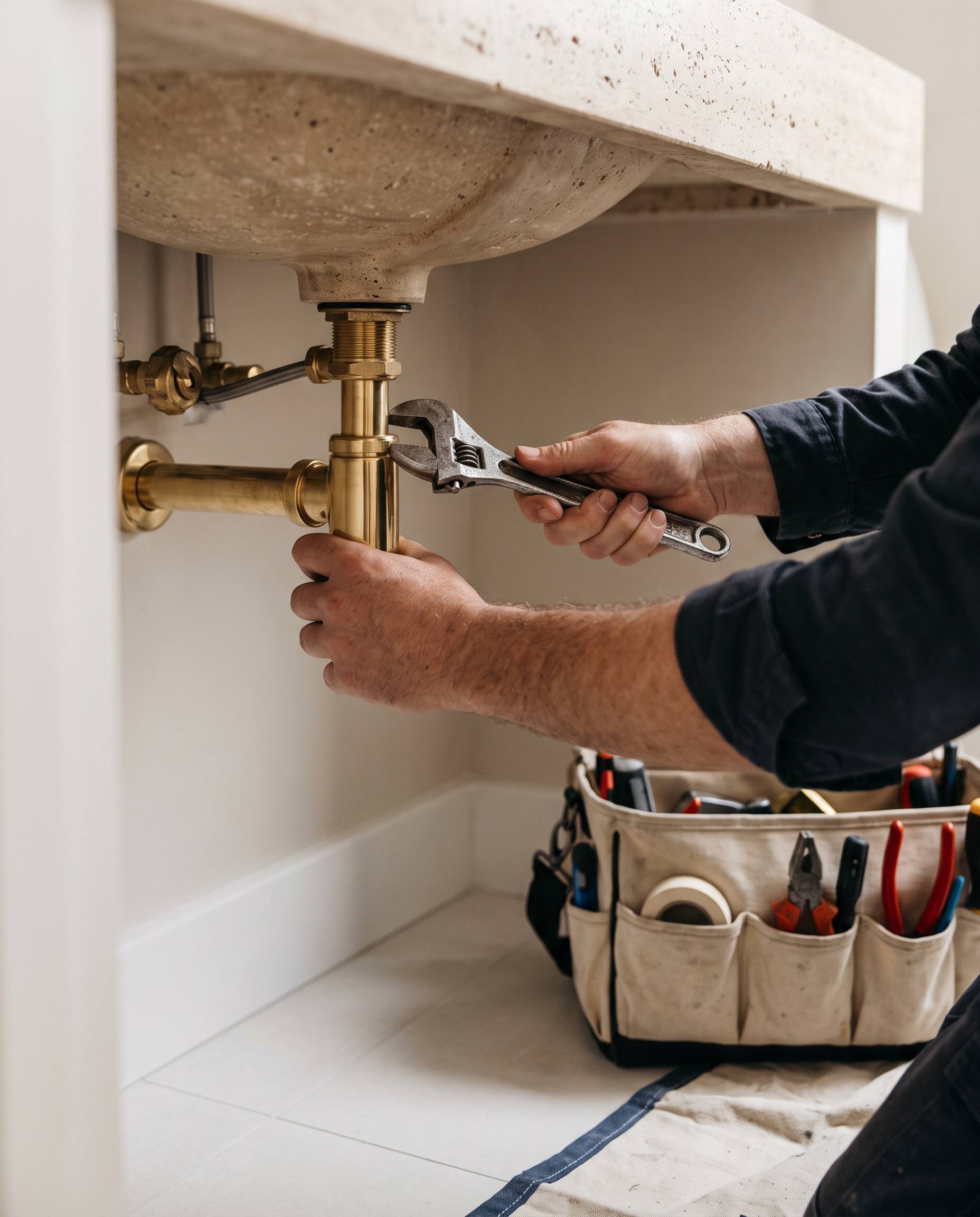 Mains d'un artisan resserrant un robinet en laiton