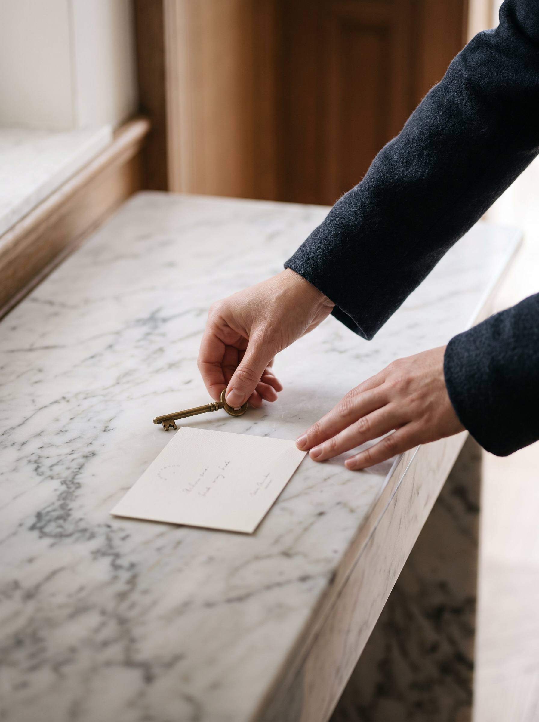 Clé posée sur une console en marbre à l'entrée d'un appartement