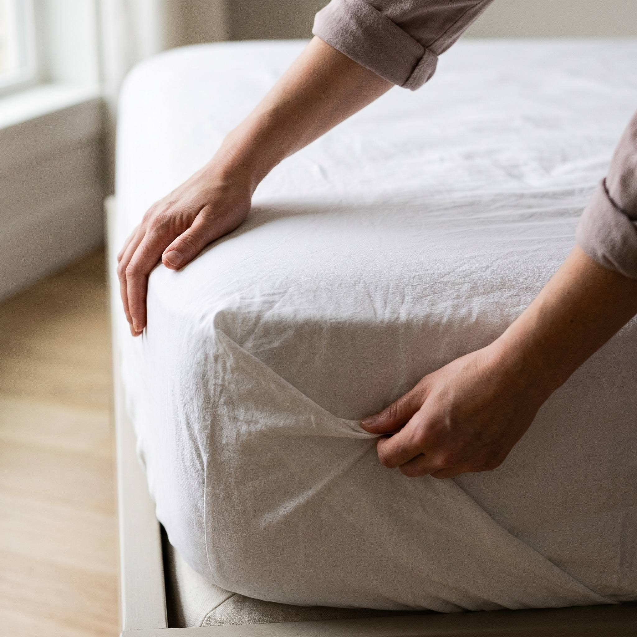 Mains tendant un drap blanc sur un lit