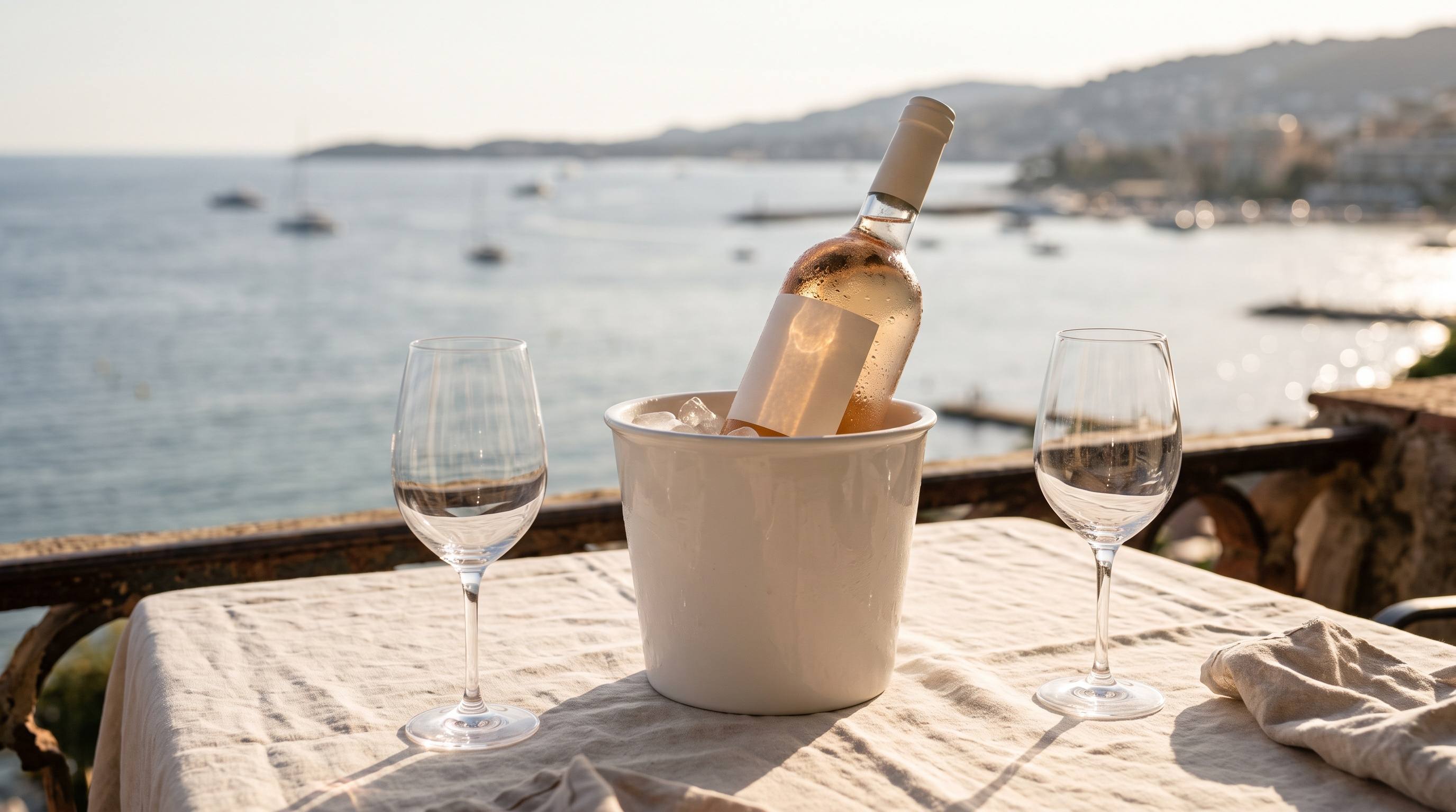 Bouteille de bienvenue au frais avec deux verres sur la terrasse